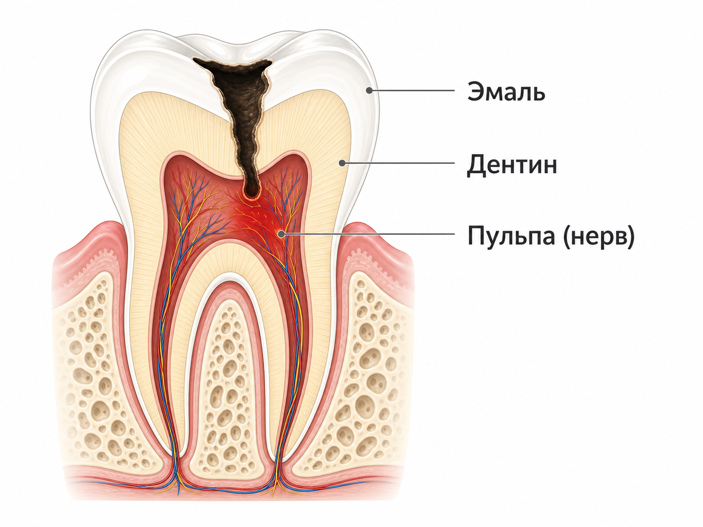 Иллюстрация строение зуба и развитие кариеса