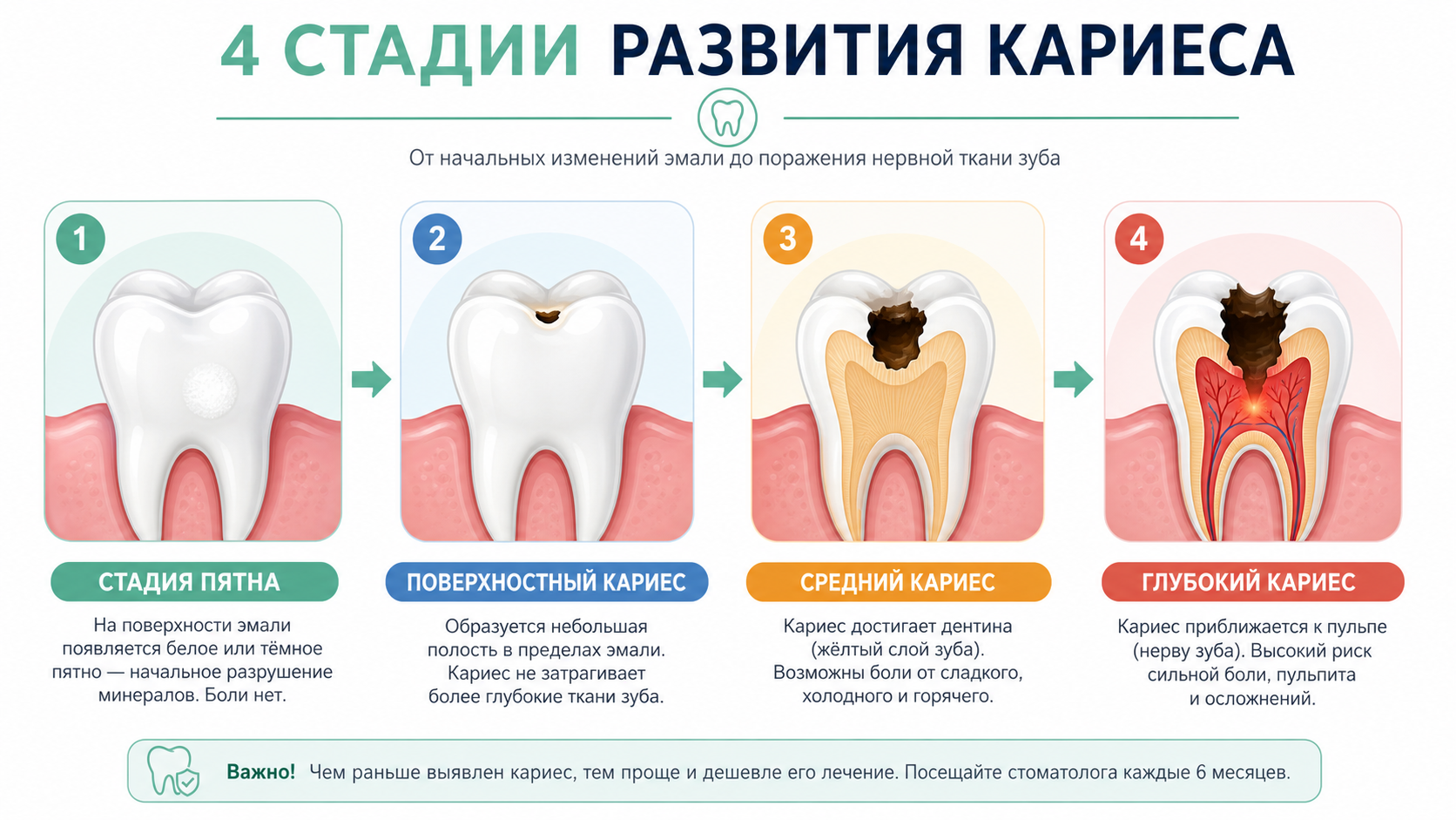 Инфографика 4 стадии развития кариеса зуба - 1digitalclinic.ru